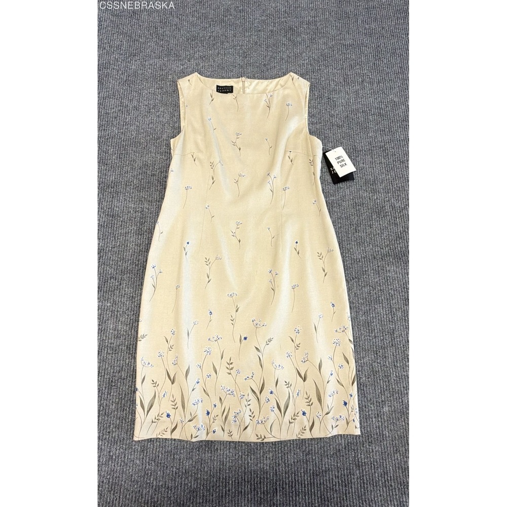 Vintage 90s Spenser Jeremy Women's Silk Floral Dress Cream Blue Sz 12 NWT